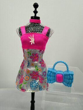 VTG 90s Barbie Flower Fun Floral Mini Dress & Blue Bow Purse Accessory Lot